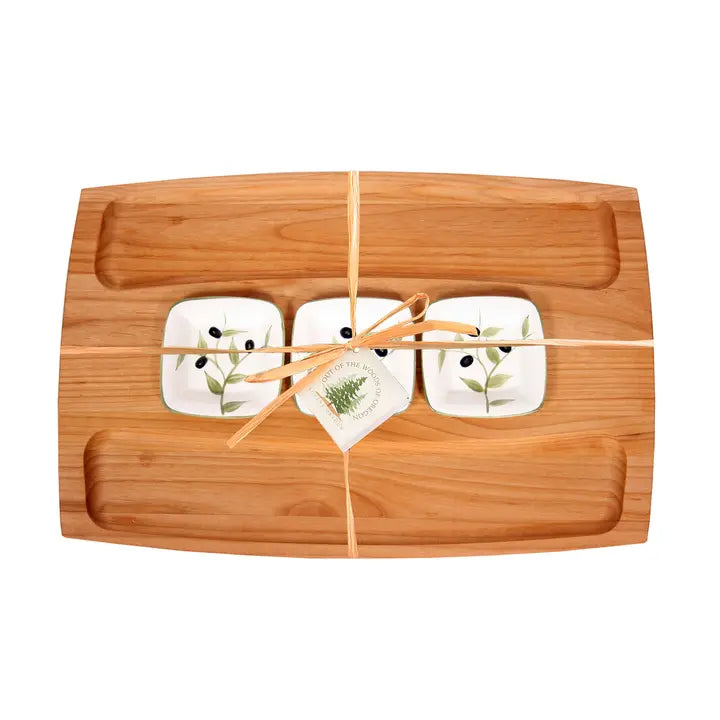 3 Dish Serving Board with Olive Branch Bowls