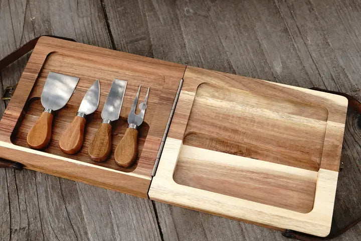 Acacia Wood Folding Charcuterie Board w/Cheese Knives