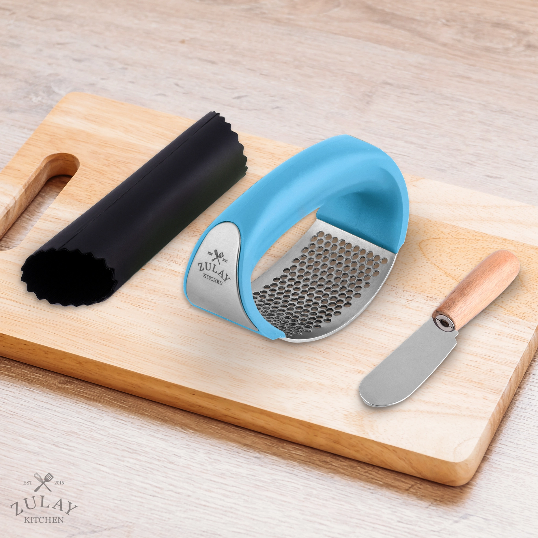 Garlic Press Rocker With Silicone Peeler & Scraper Set