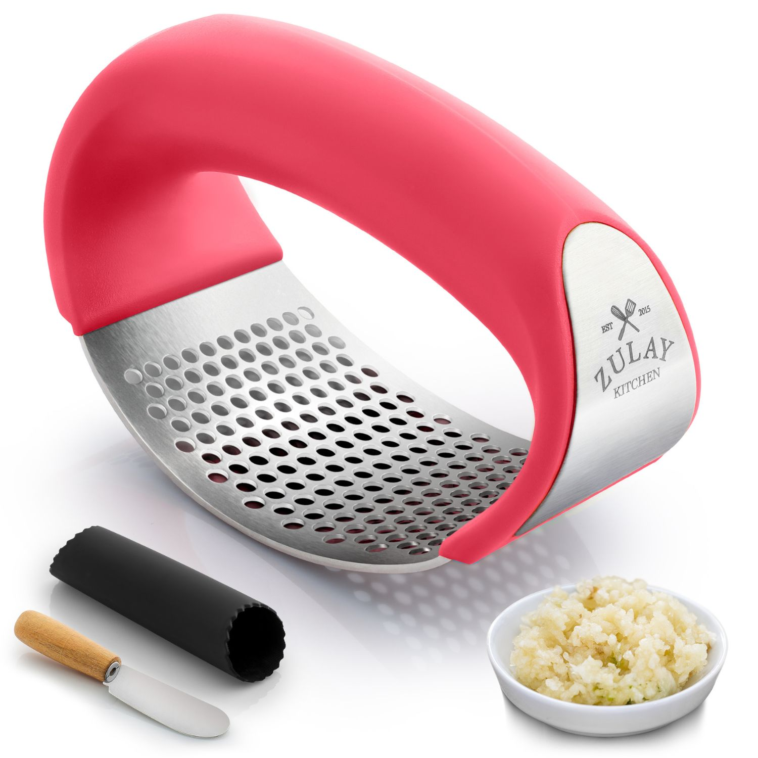 Garlic Press Rocker With Silicone Peeler & Scraper Set